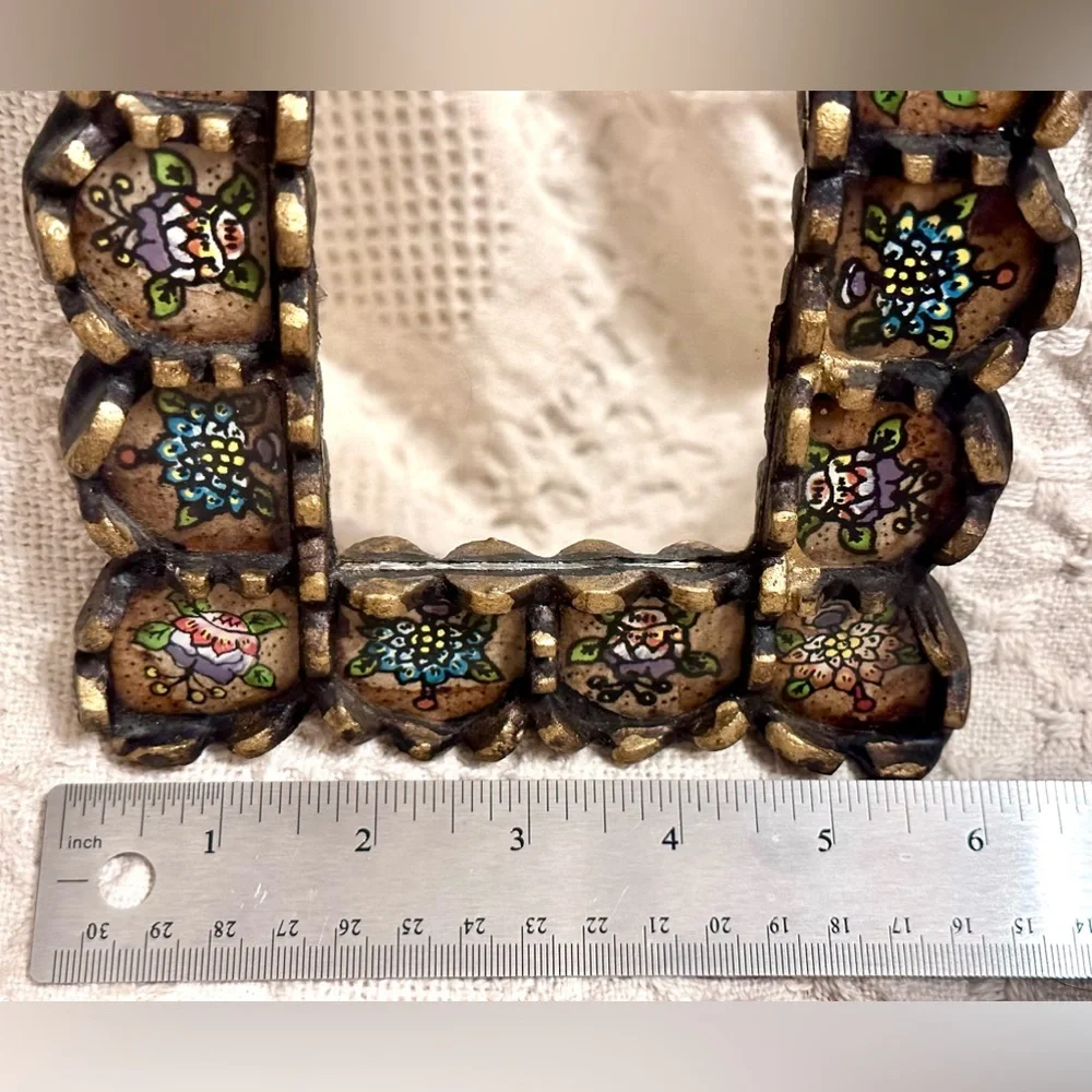 Handcrafted Floral Motifs Painted Glass Wood Arch Wall Mirror Black Bronze Leaf